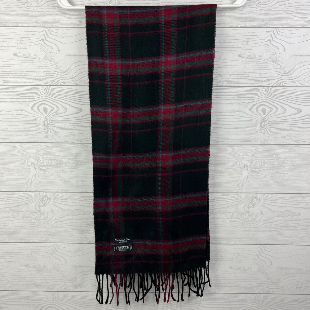 Christian Dior Monsieur Logo Fringe Scarf Black Red Plaid Cashmaire Acrylic